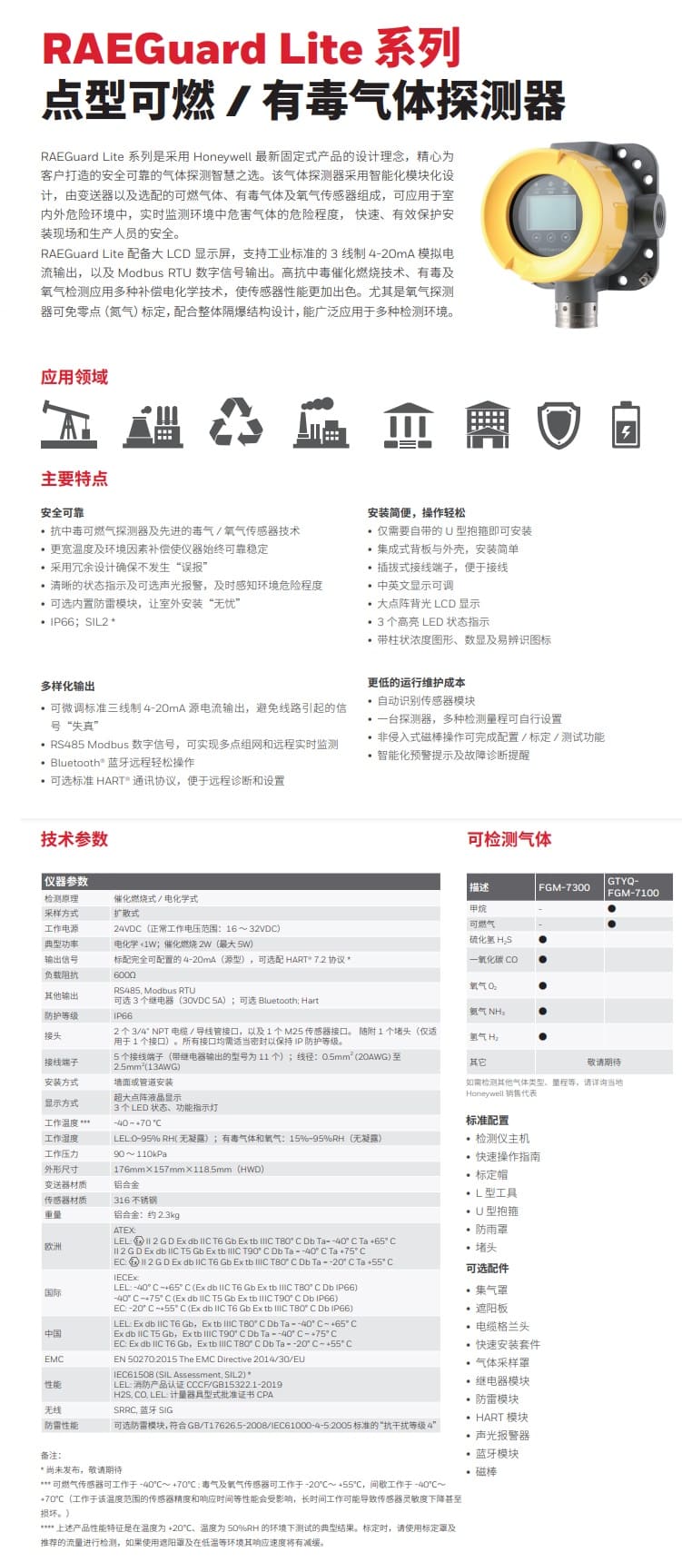 霍尼韦尔（Honeywell） FGM-7100 RAEGuard Lite 固定式可燃气体检测仪